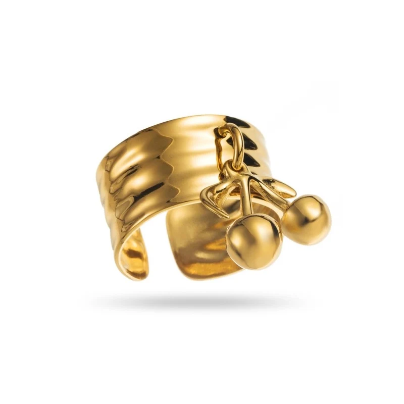 Bague Dorée Breloque Cerise – Acier inoxydable réglable