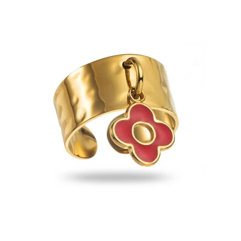 Bague Dorée Trèfle Rouge – Acier inoxydable réglable
