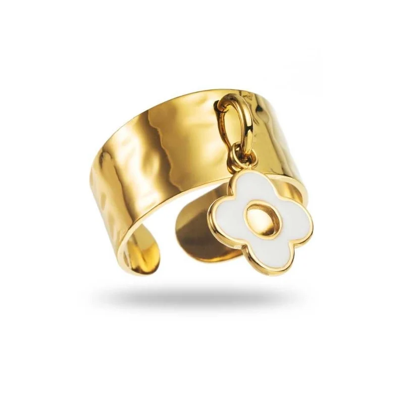 Bague Dorée Trèfle Blanc – Acier inoxydable réglable