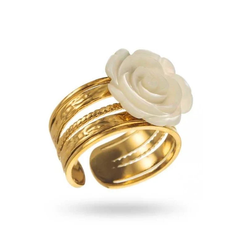 Bague Dorée Fleur Blanche – Acier inoxydable réglable
