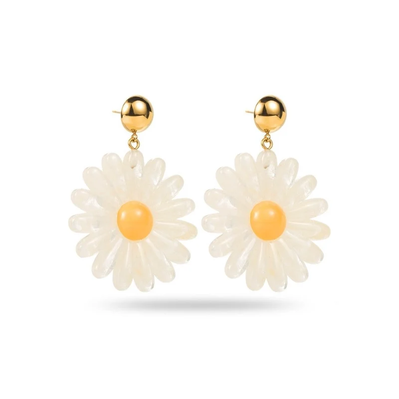 Boucles d’oreilles marguerite blanche et jaune – Acier doré