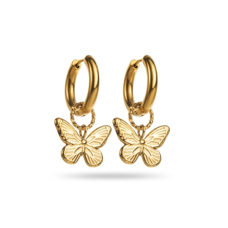 Boucles d’oreilles anneaux dorés avec pendentif papillon – Résistantes à l’eau