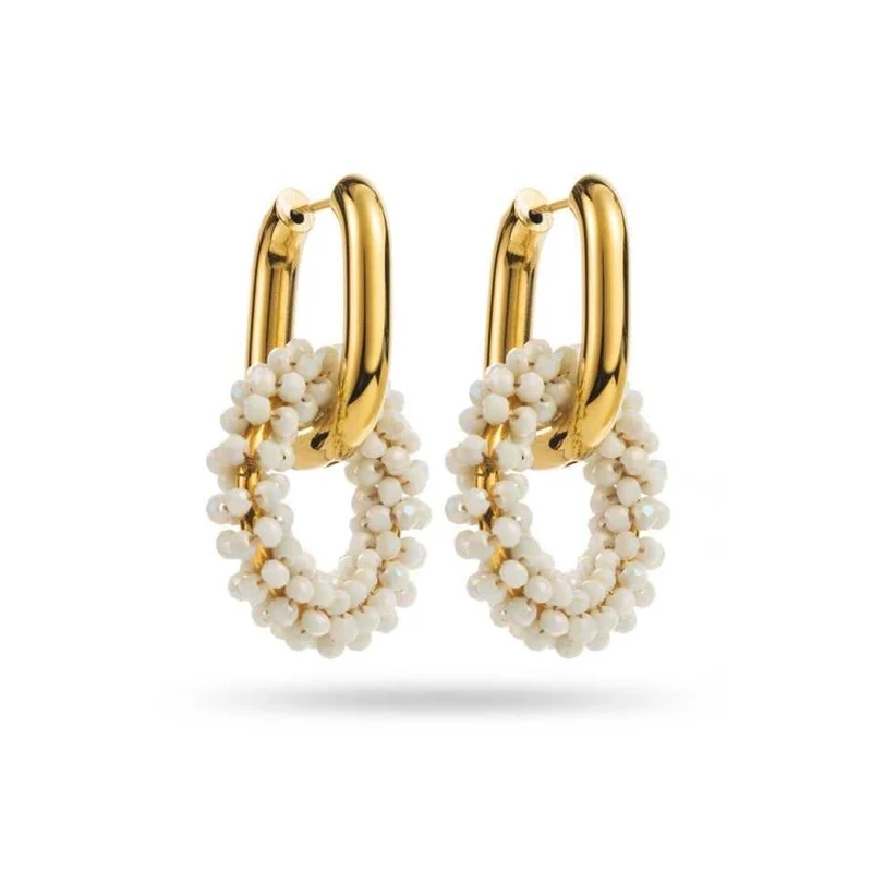 Boucles d’oreilles créoles dorées avec anneau perlé blanc – 3,5 cm