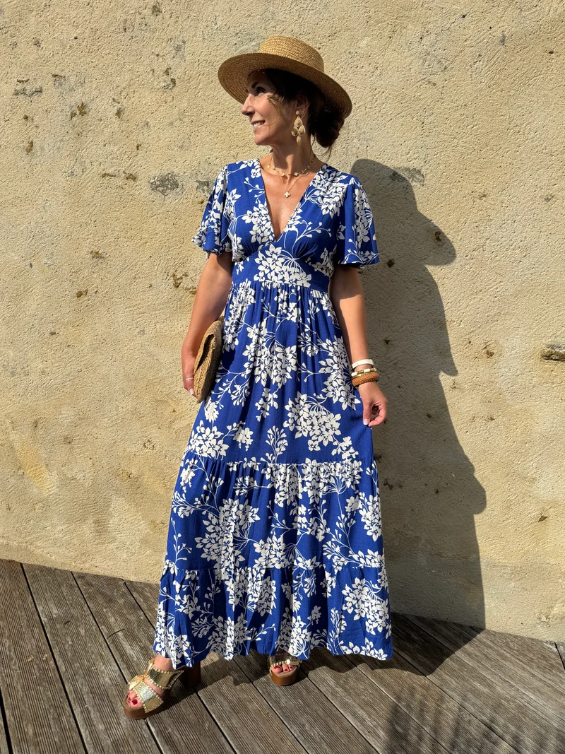 Robe longue bleu roi imprimé floral MARIELLE In April 1986