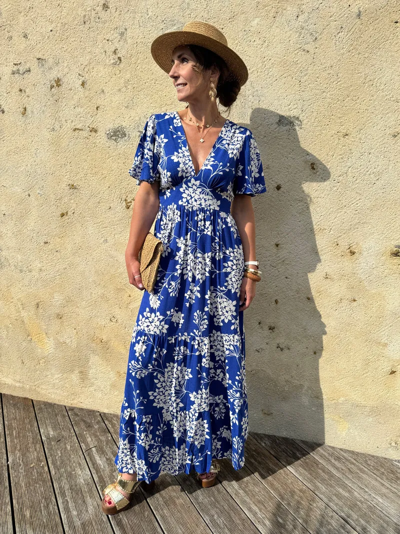 Robe longue bleu roi imprimé floral MARIELLE In April 1986