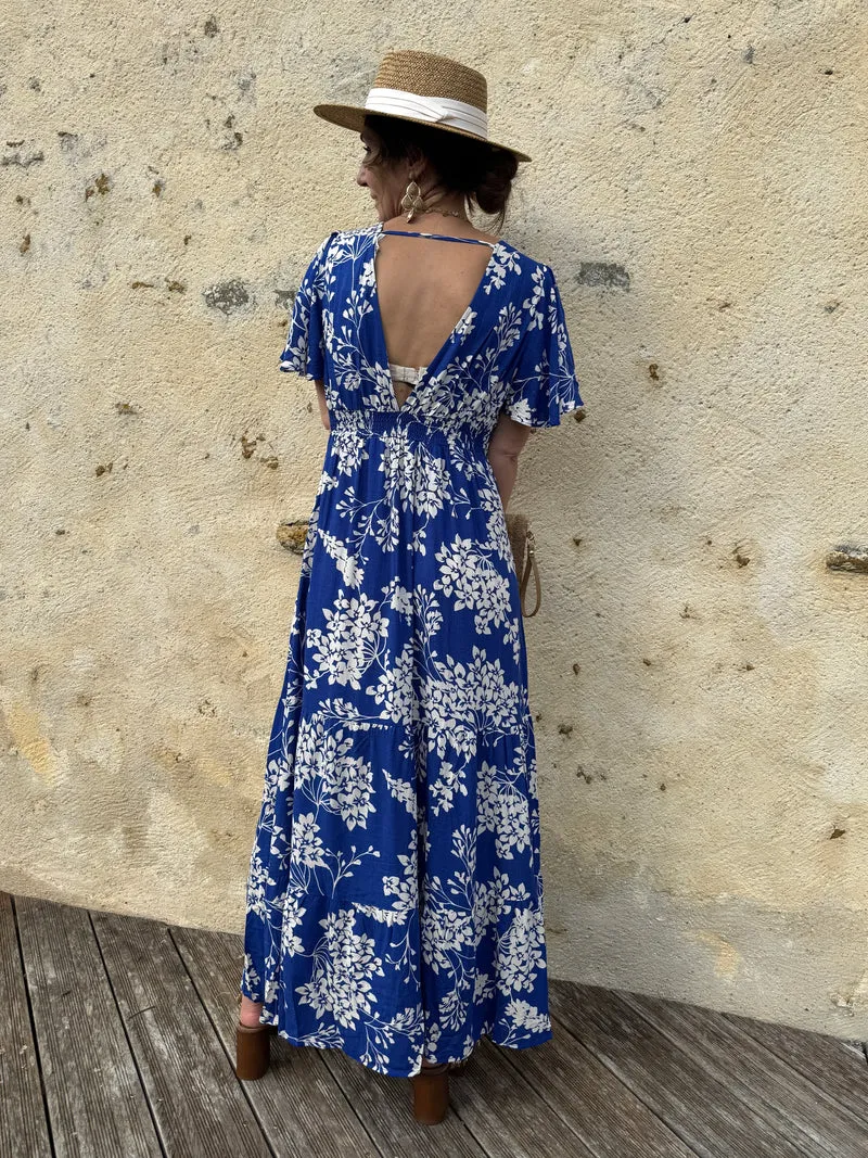 Robe longue bleu roi imprimé floral MARIELLE In April 1986