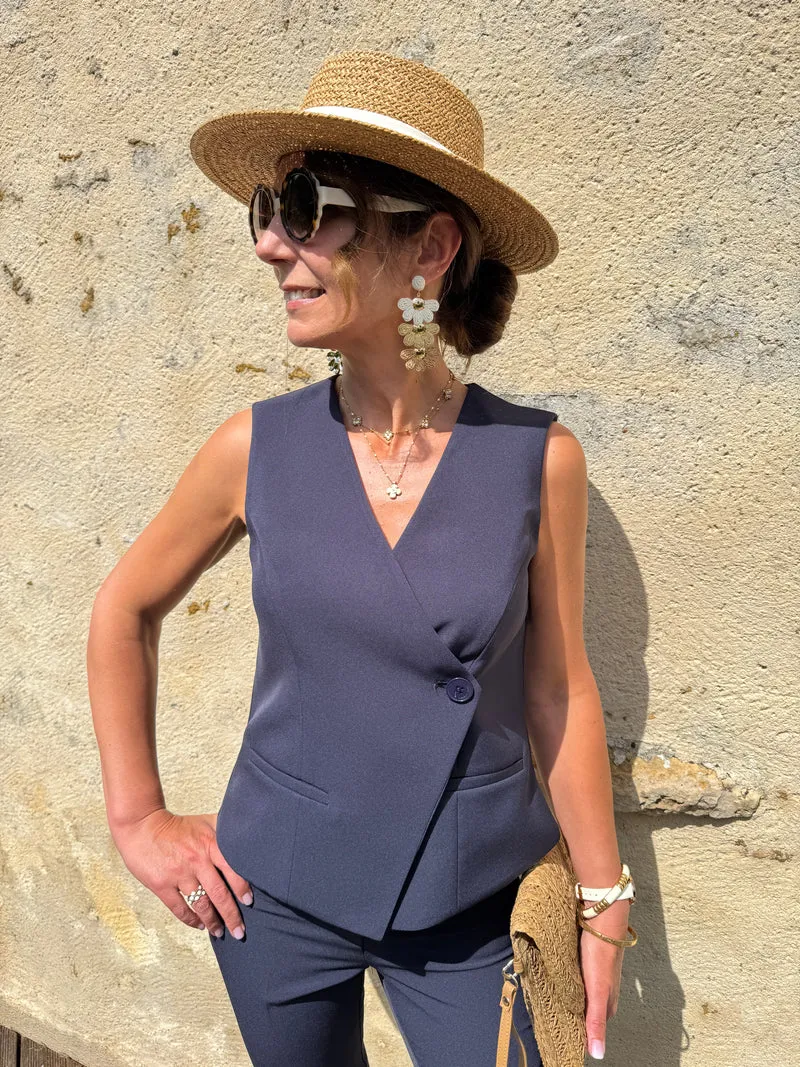 Gilet marine sans manche un bouton Hippocampe