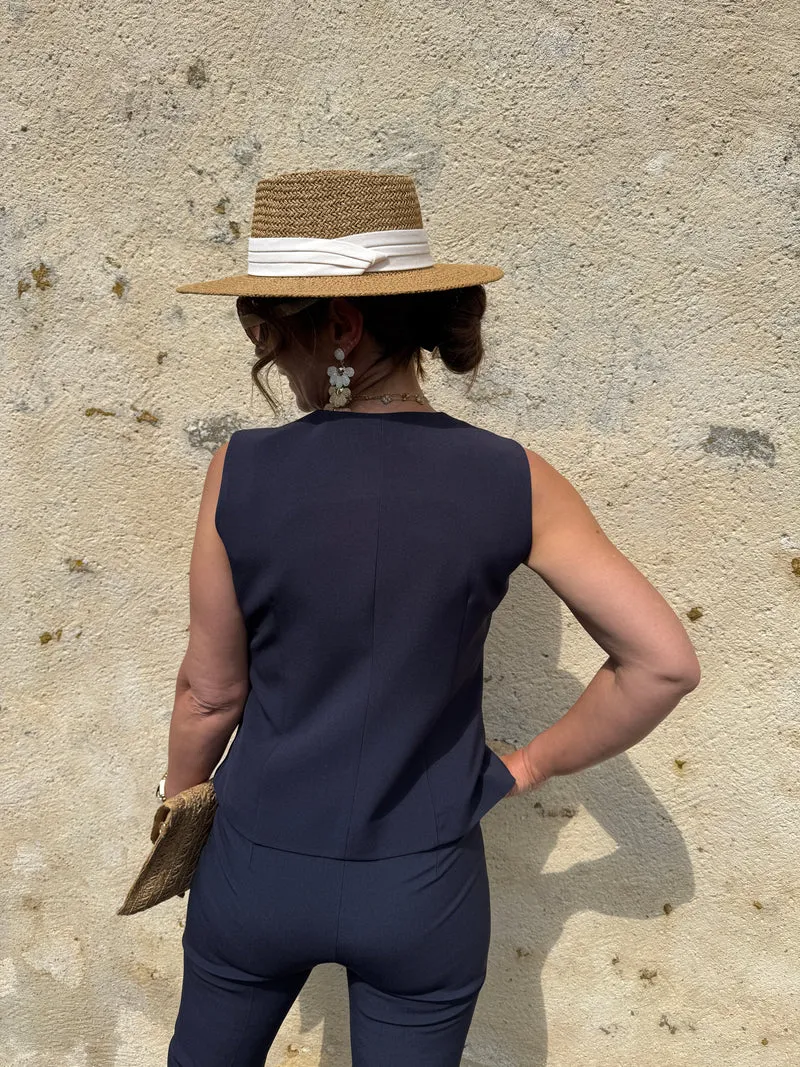 Gilet marine sans manche un bouton Hippocampe