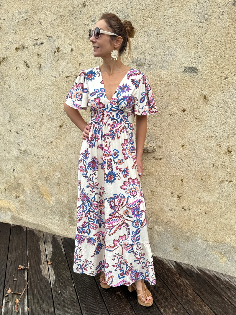 Robe longue écru imprimé floral ATHENA In April 1986