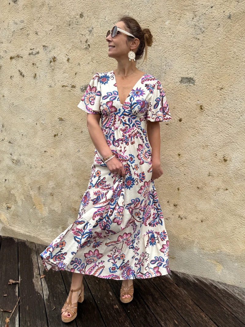 Robe longue écru imprimé floral ATHENA In April 1986