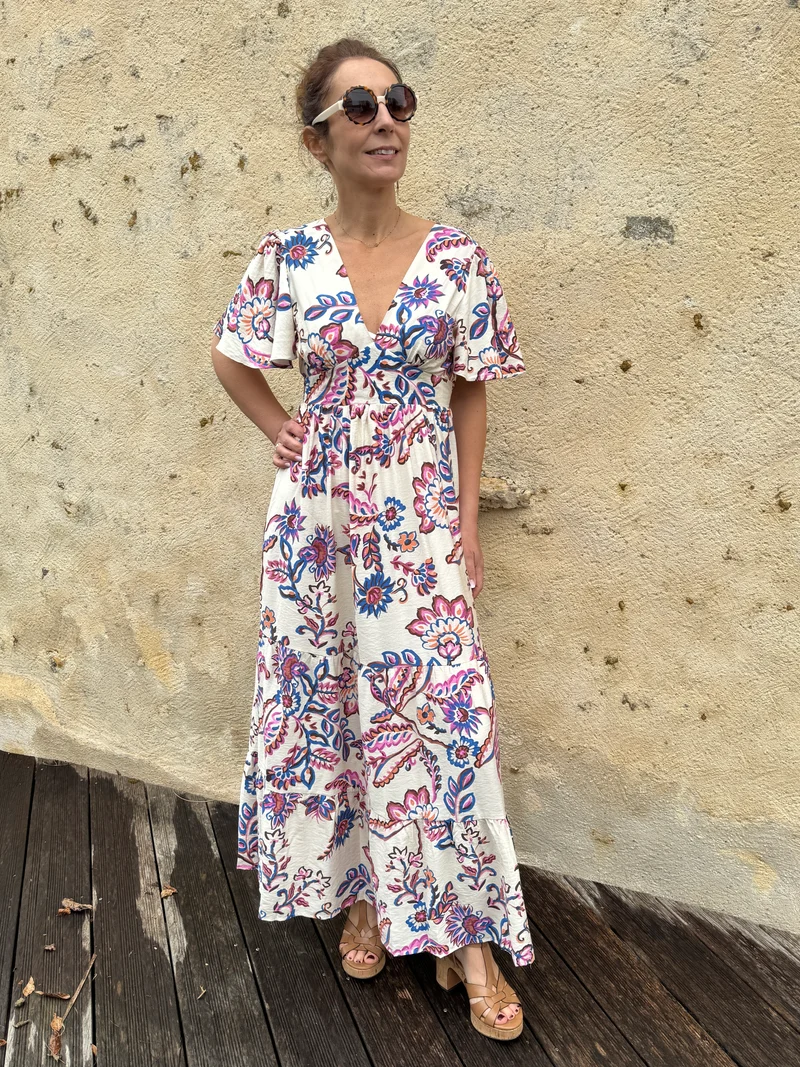 Robe longue écru imprimé floral ATHENA In April 1986
