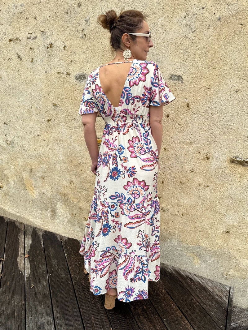 Robe longue écru imprimé floral ATHENA In April 1986