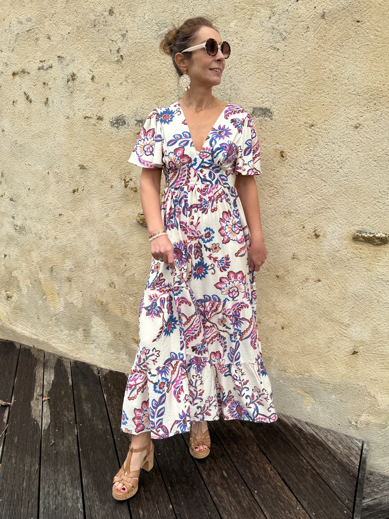 Robe longue écru imprimé floral ATHENA In April 1986