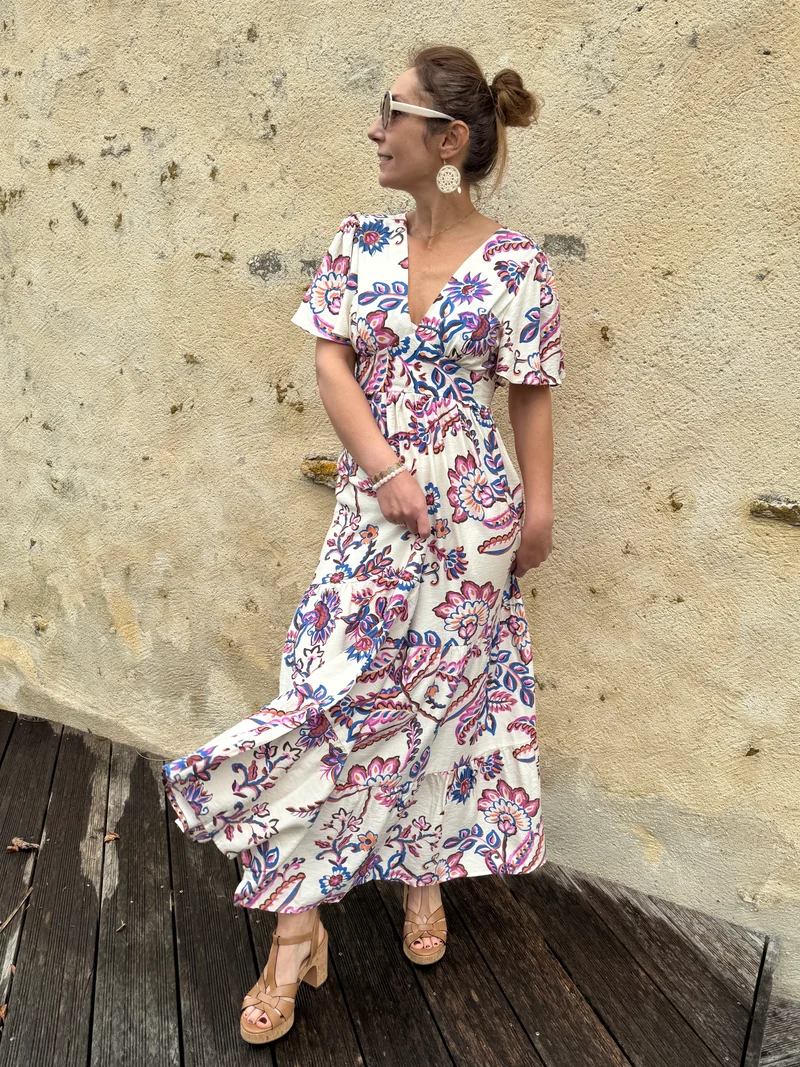 Robe longue écru imprimé floral ATHENA In April 1986