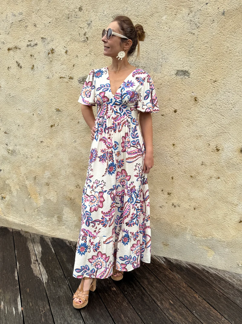 Robe longue écru imprimé floral ATHENA In April 1986