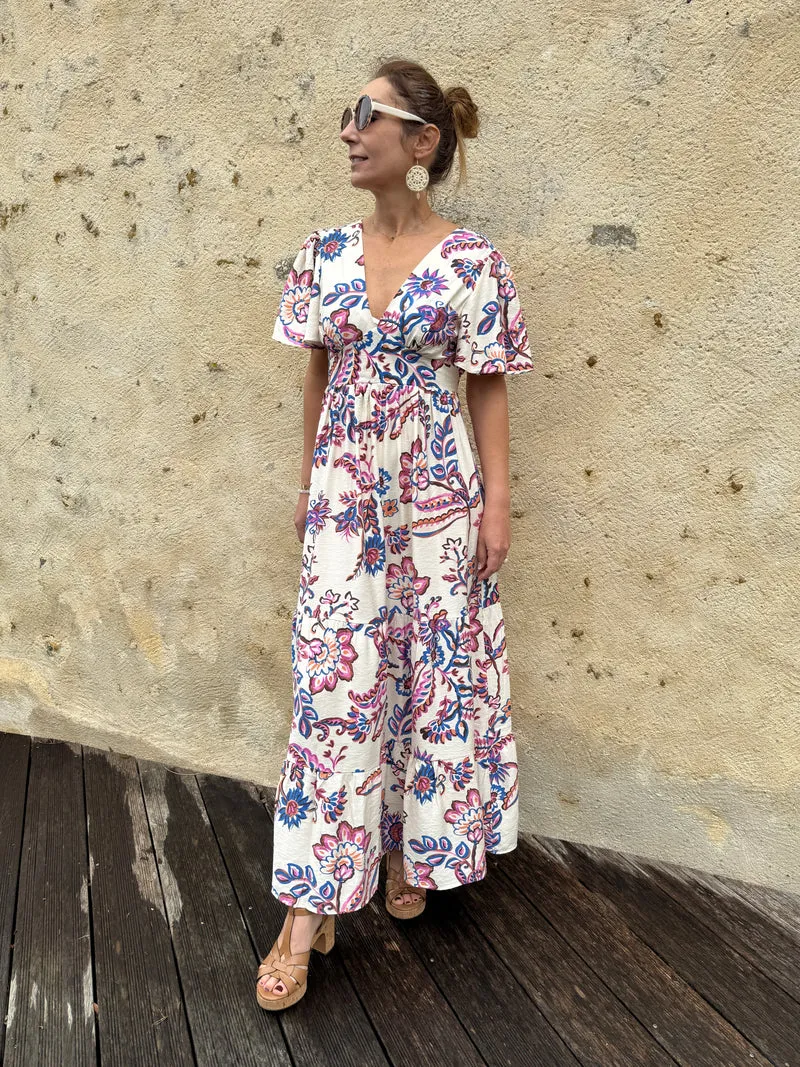 Robe longue écru imprimé floral ATHENA In April 1986