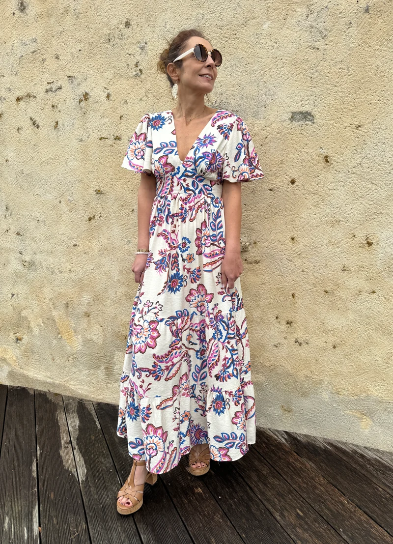 Robe longue écru imprimé floral ATHENA In April 1986