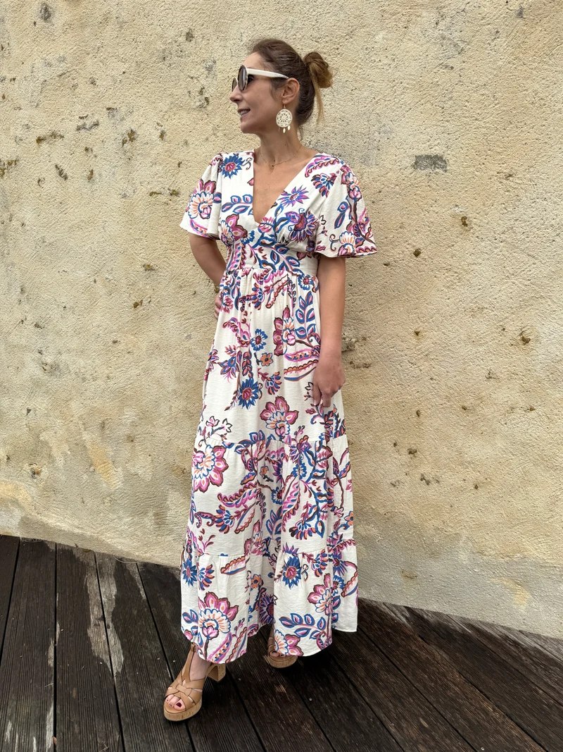 Robe longue écru imprimé floral ATHENA In April 1986