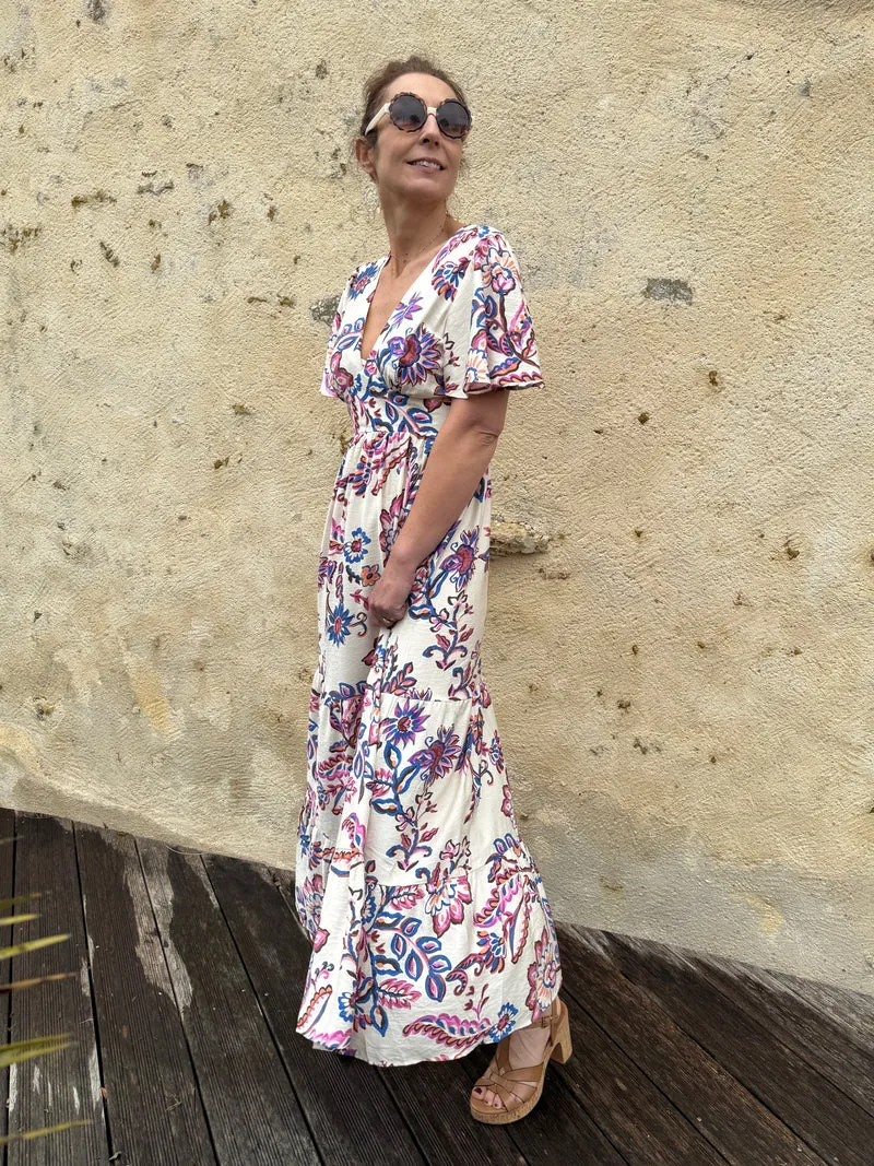 Robe longue écru imprimé floral ATHENA In April 1986