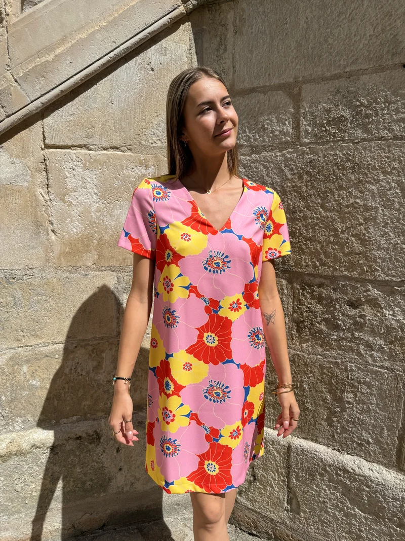 Robe SEVENTIES n°114 rose/jaune Hippocampe