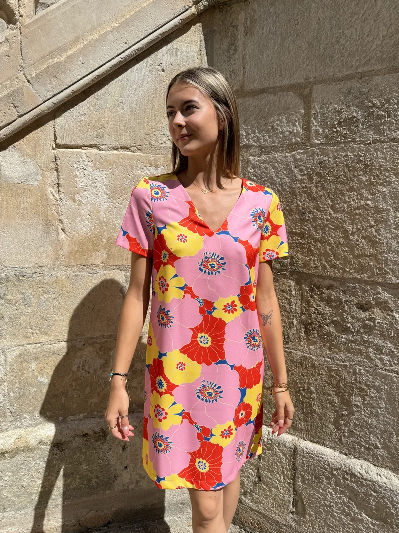 Robe SEVENTIES n°114 rose/jaune Hippocampe