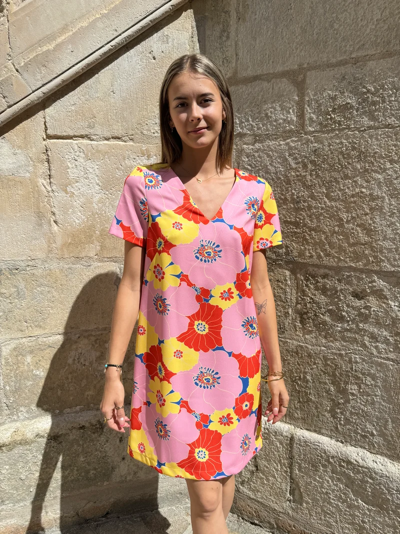 Robe SEVENTIES n°114 rose/jaune Hippocampe