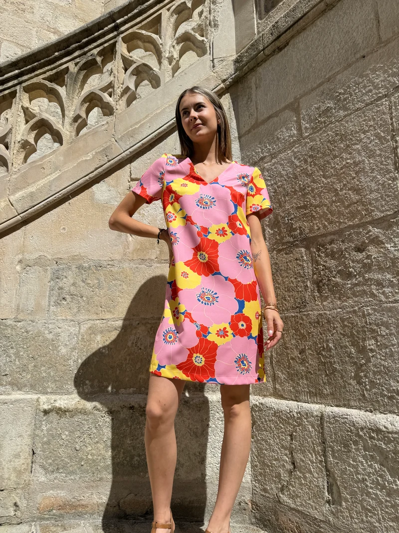 Robe SEVENTIES n°114 rose/jaune Hippocampe