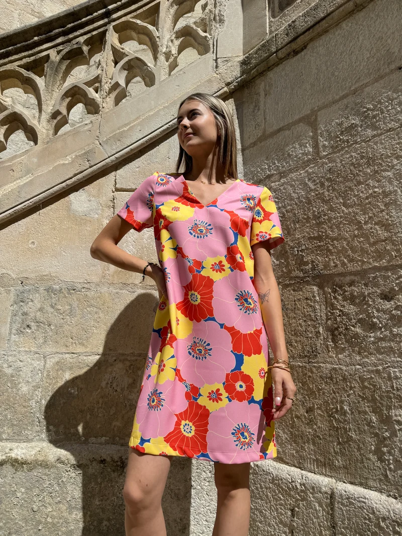 Robe SEVENTIES n°114 rose/jaune Hippocampe