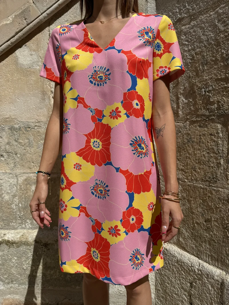 Robe SEVENTIES n°114 rose/jaune Hippocampe