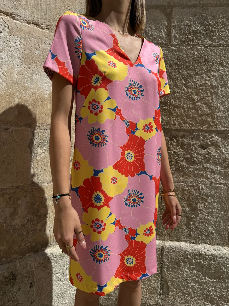 Robe SEVENTIES n°114 rose/jaune Hippocampe