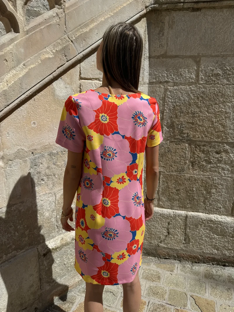 Robe SEVENTIES n°114 rose/jaune Hippocampe