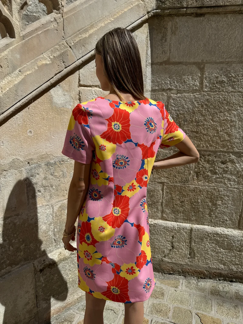 Robe SEVENTIES n°114 rose/jaune Hippocampe