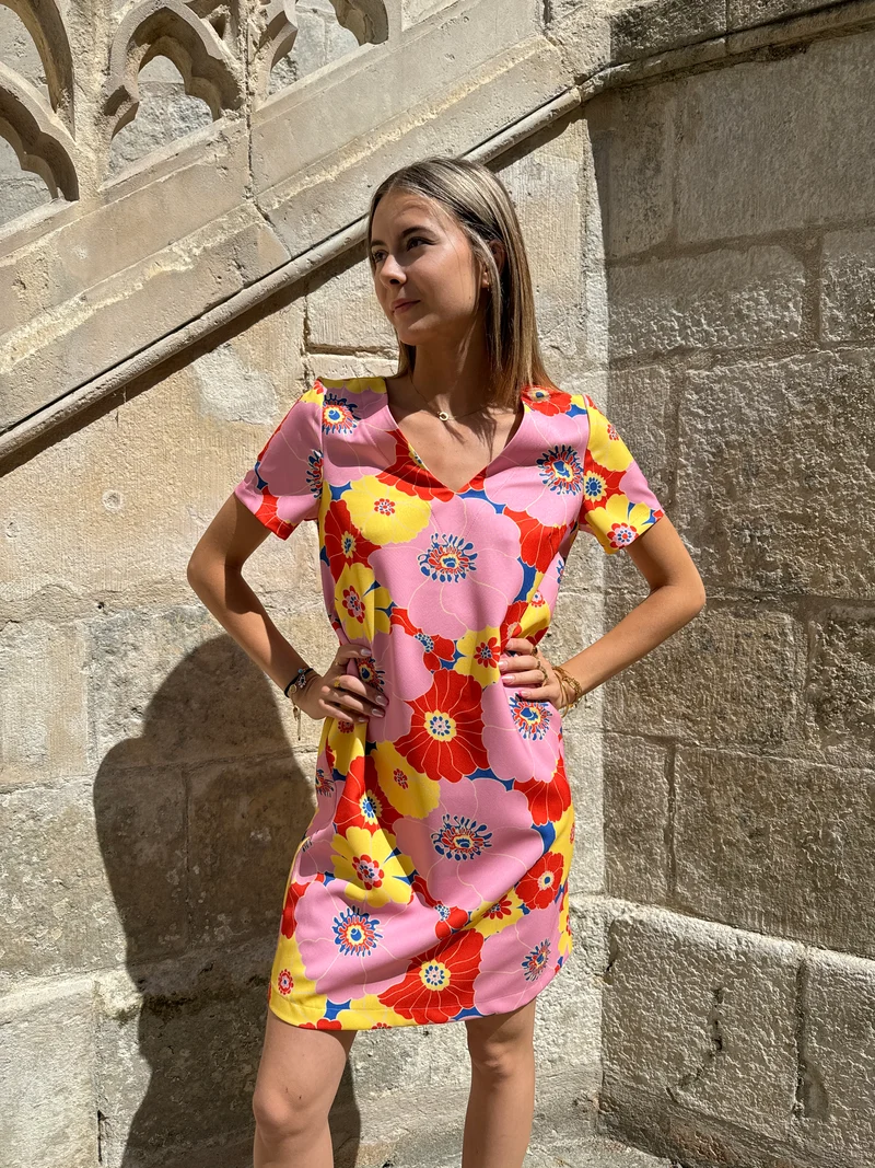Robe SEVENTIES n°114 rose/jaune Hippocampe